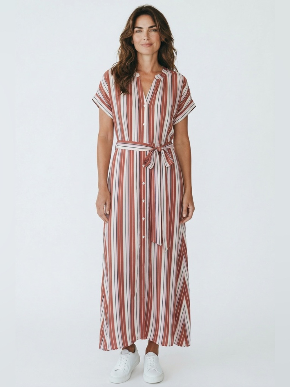 LOFT Striped Button-Front Maxi Dress in Rex and White